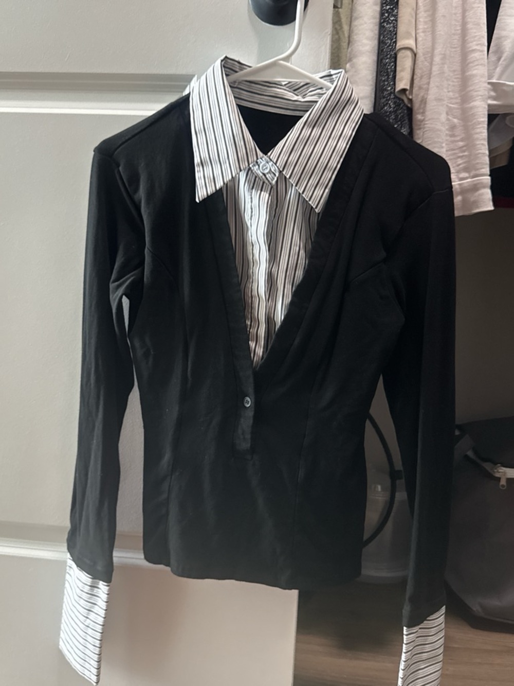 Aritzia Black Top with White Striped Collar & Cuffs